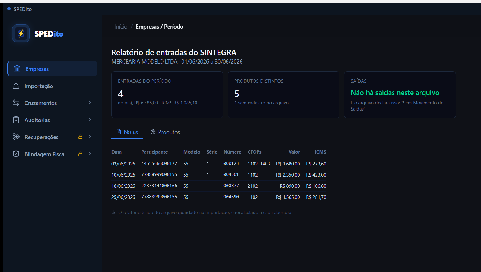 Tela do relatório de entradas do SINTEGRA, com os três blocos de resumo no alto (entradas do período, produtos distintos e saídas) e a lista de notas embaixo, na aba Notas